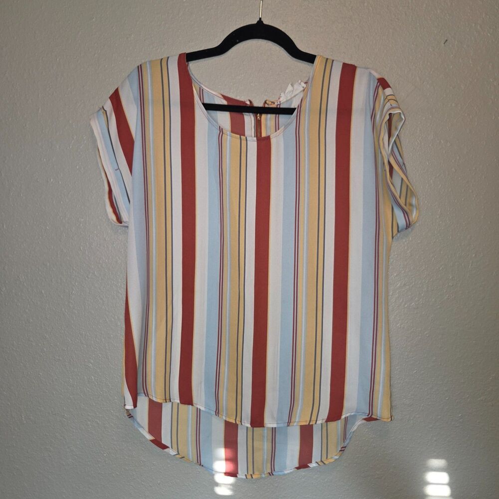 Pink Rose Striped Short Sleeve Blouse Medium - Retro Rust Yellow Blue Top